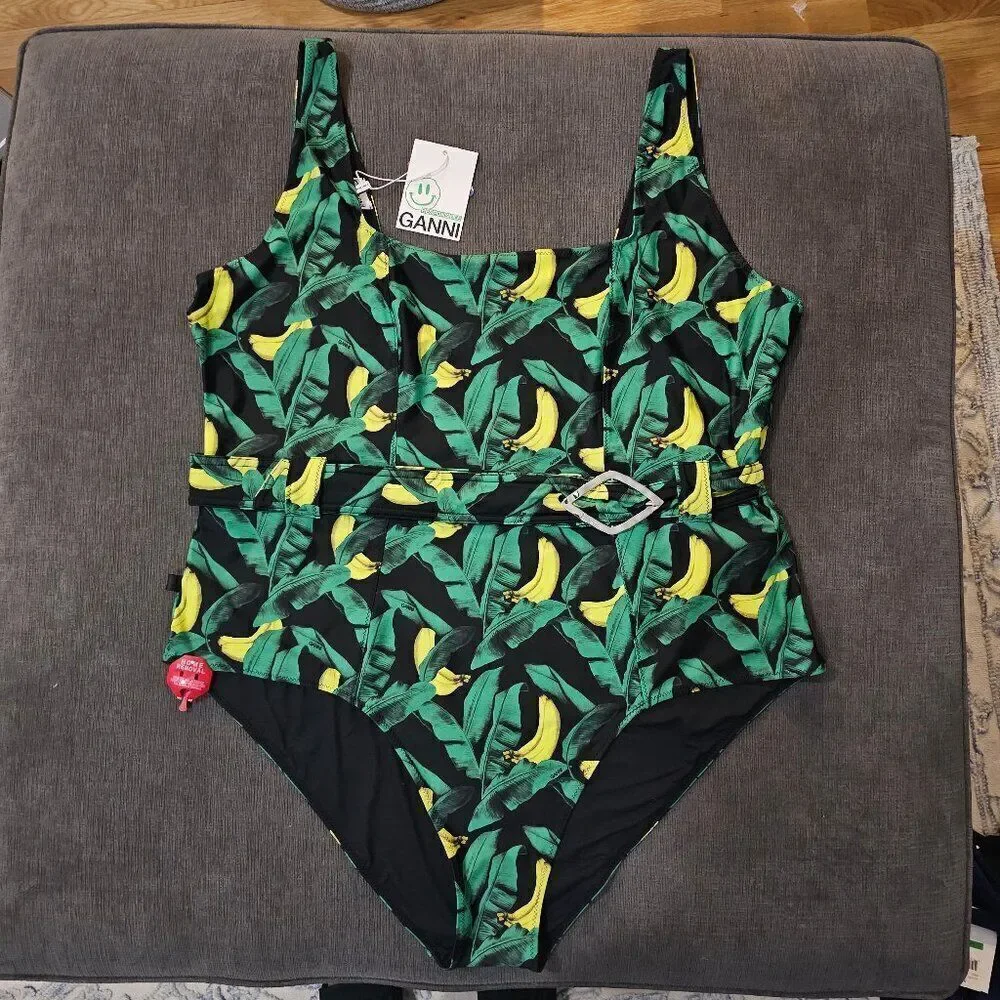 Ganni Women's Green Banana Tree-Print Recycled Belted One-Piece Swimsuit Size 52